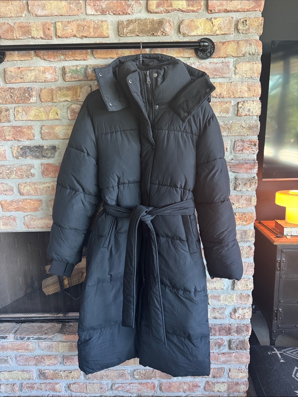 GAP Black Tie-Waist Long Puffer Jacket
